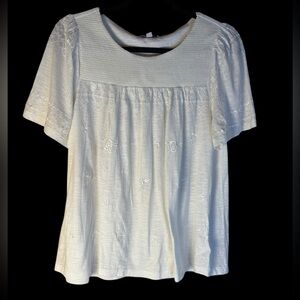 Lucky Brand  White Knit Smocked Embroidered Flutter Sleeve Crewneck Top Medium